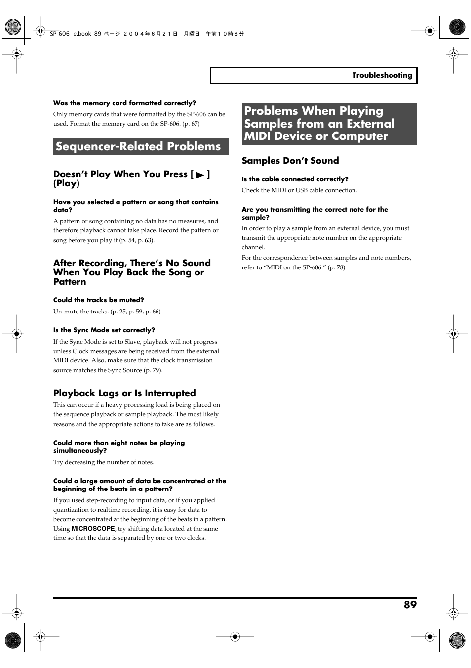 Sequencer-related problems | Roland SP-606 User Manual | Page 89 / 104