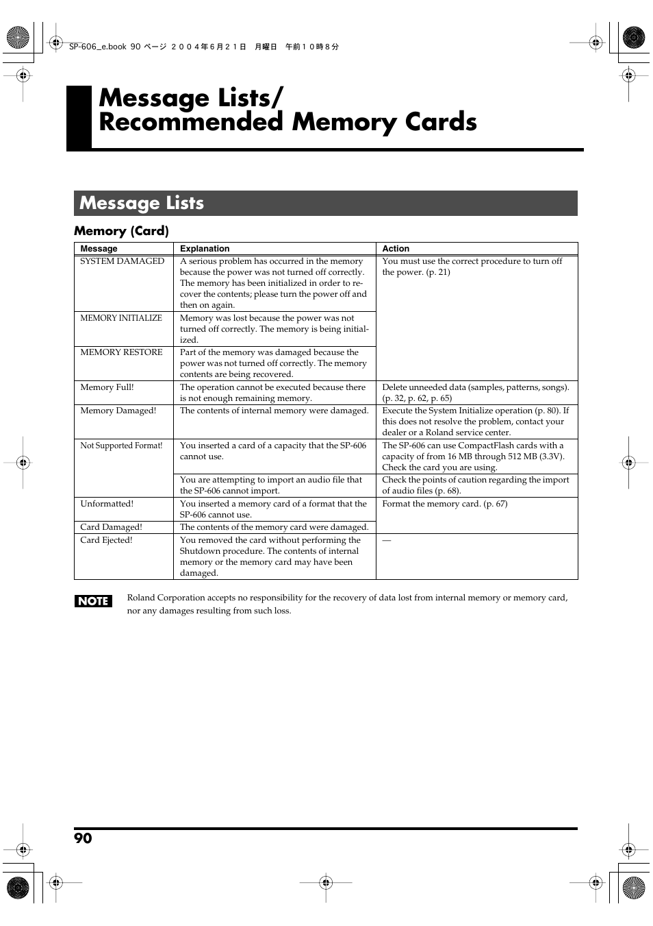 Message lists/ recommended memory cards, Message lists, Message lists/recommended memory cards | Roland SP-606 User Manual | Page 90 / 104