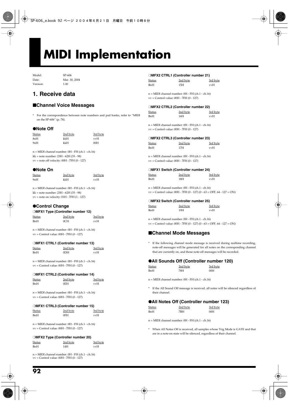 Midi implementation, Receive data, Channel voice messages | Channel mode messages | Roland SP-606 User Manual | Page 92 / 104
