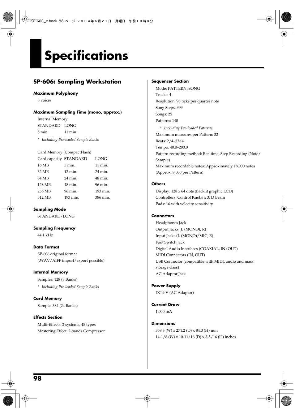 Specifications, Sp-606: sampling workstation | Roland SP-606 User Manual | Page 98 / 104