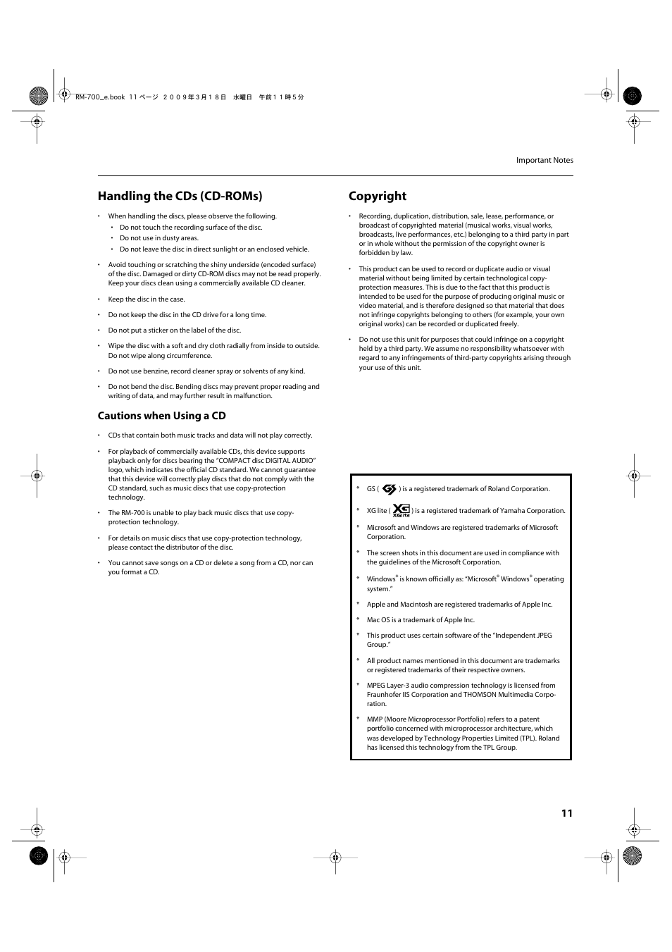 Handling the cds (cd-roms), Copyright, Cautions when using a cd | Roland RM-700 User Manual | Page 10 / 238