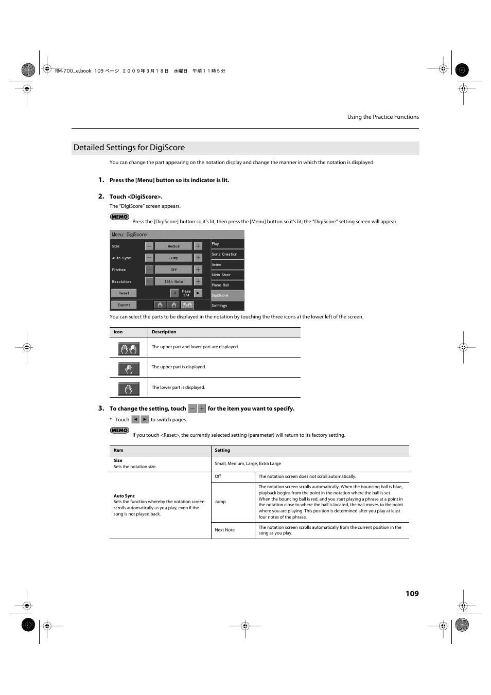 Detailed settings for digiscore, To “detailed settings for digiscore” (p. 109) | Roland RM-700 User Manual | Page 108 / 238