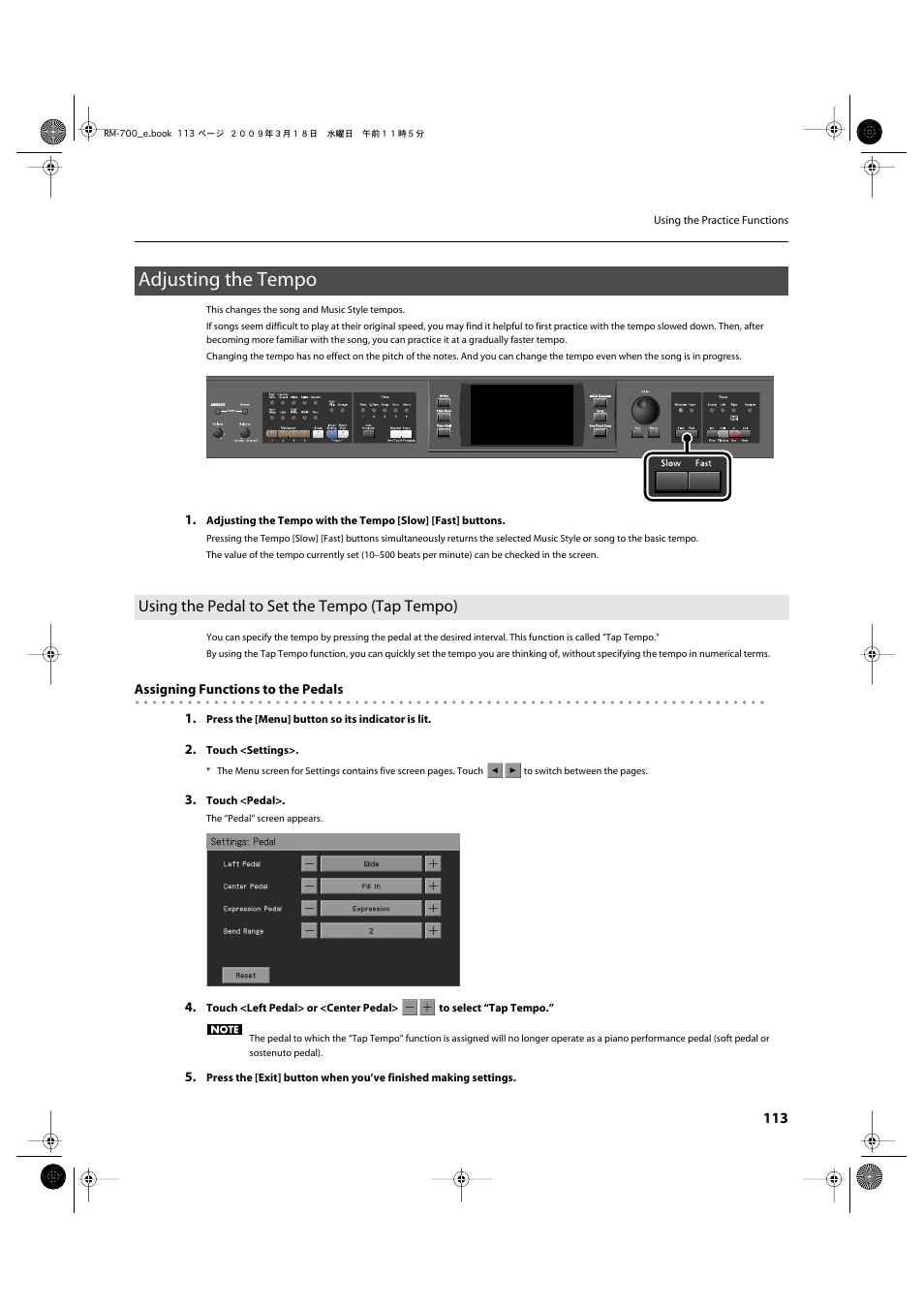 Adjusting the tempo, Using the pedal to set the tempo (tap tempo), Adjusts the tempo (p. 113) | Roland RM-700 User Manual | Page 112 / 238