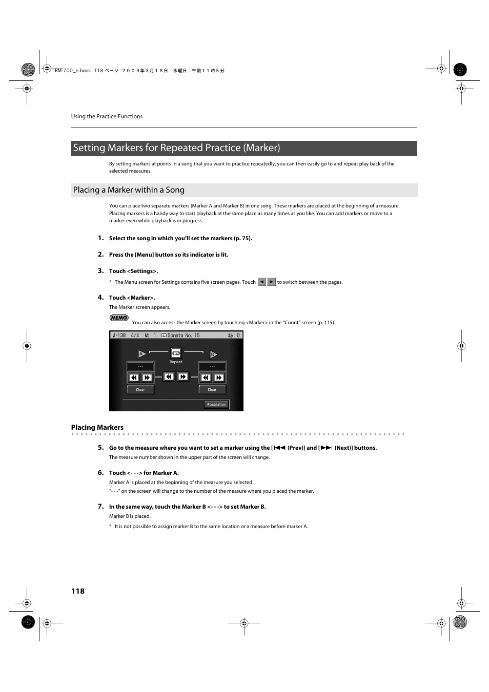 Setting markers for repeated practice (marker), Placing a marker within a song | Roland RM-700 User Manual | Page 117 / 238