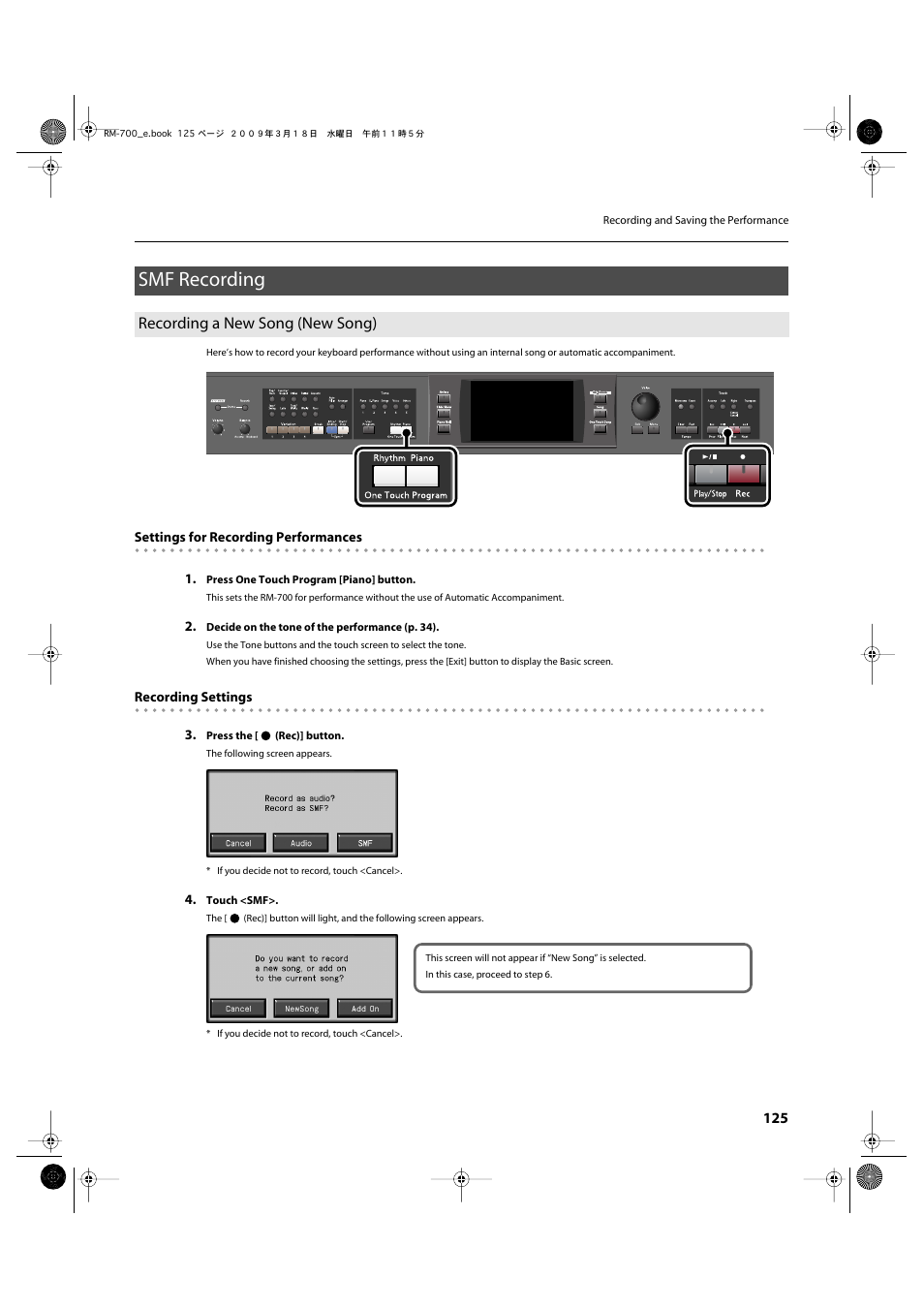 Smf recording, Recording a new song (new song), Standby (p. 125, p. 136) | Roland RM-700 User Manual | Page 124 / 238