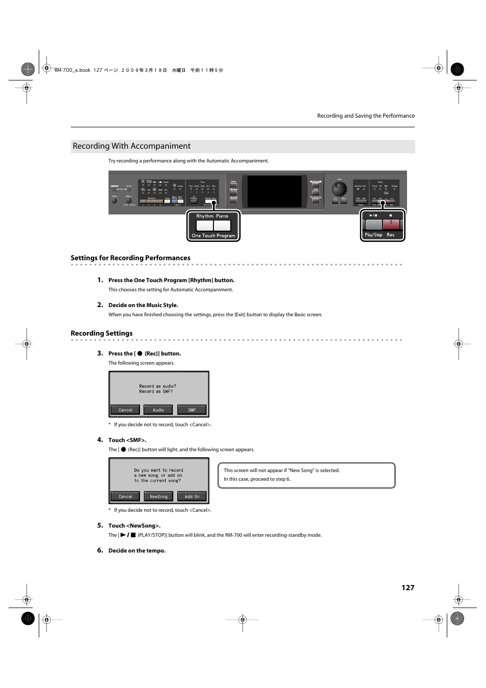 Recording with accompaniment | Roland RM-700 User Manual | Page 126 / 238