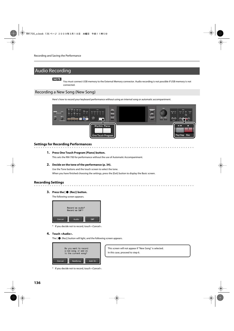 Audio recording, Recording a new song (new song) | Roland RM-700 User Manual | Page 135 / 238