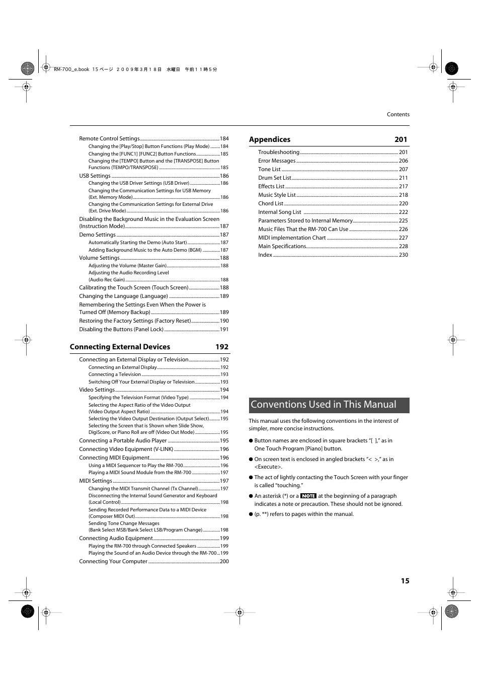 Conventions used in this manual, Connecting external devices 192, Appendices 201 | Roland RM-700 User Manual | Page 14 / 238