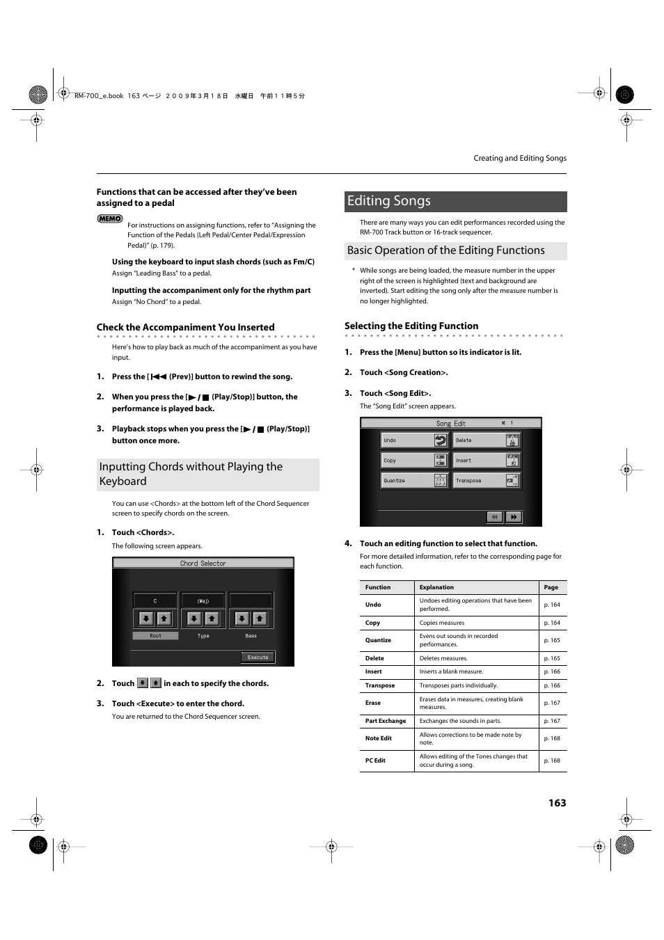 Inputting chords without playing the keyboard, Editing songs, Basic operation of the editing functions | P. 163) | Roland RM-700 User Manual | Page 162 / 238