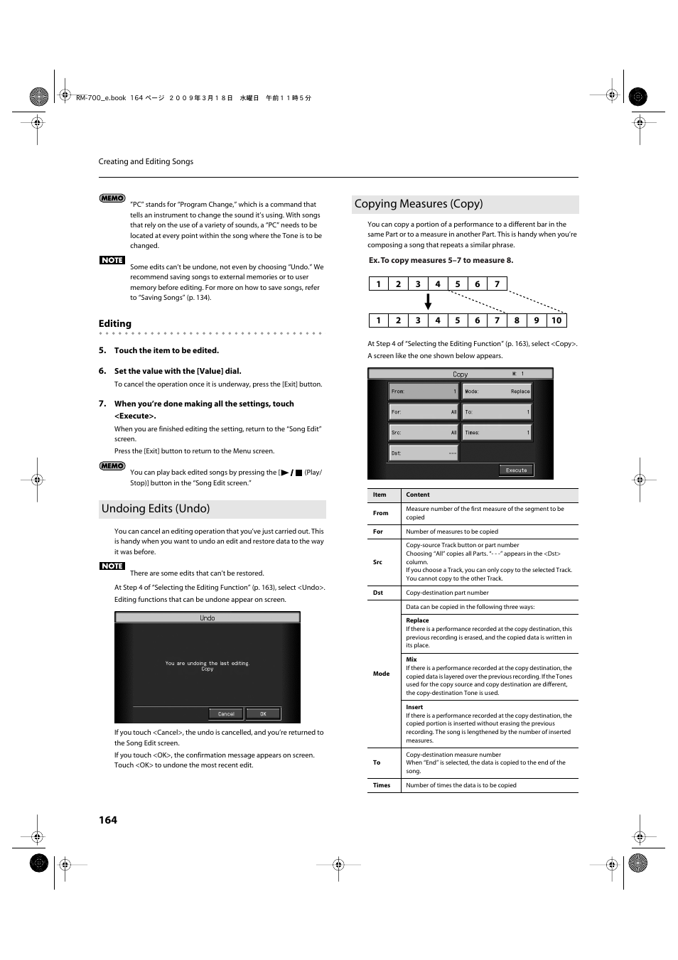 Undoing edits (undo), Copying measures (copy), P. 164 | Undoing edits (undo) copying measures (copy) | Roland RM-700 User Manual | Page 163 / 238