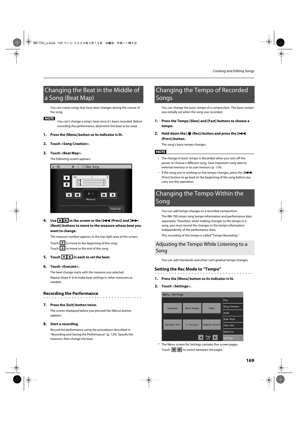 Changing the tempo of recorded songs, Changing the tempo within the song, Adjusting the tempo while listening to a song | Song (beat map)” (p. 169), The tempo of recorded songs” (p. 169), Composition. refer to p. 169 | Roland RM-700 User Manual | Page 168 / 238