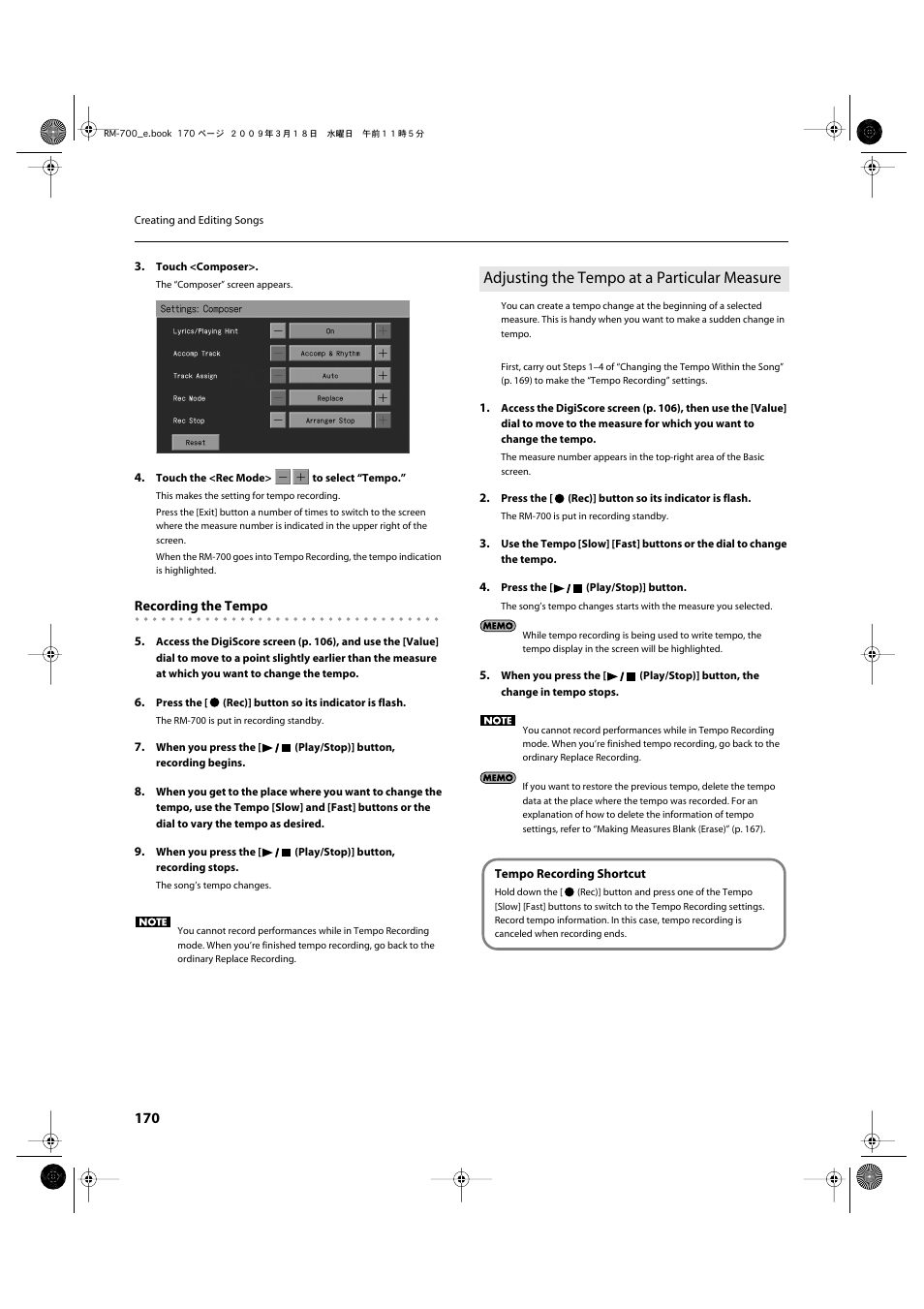 Adjusting the tempo at a particular measure | Roland RM-700 User Manual | Page 169 / 238