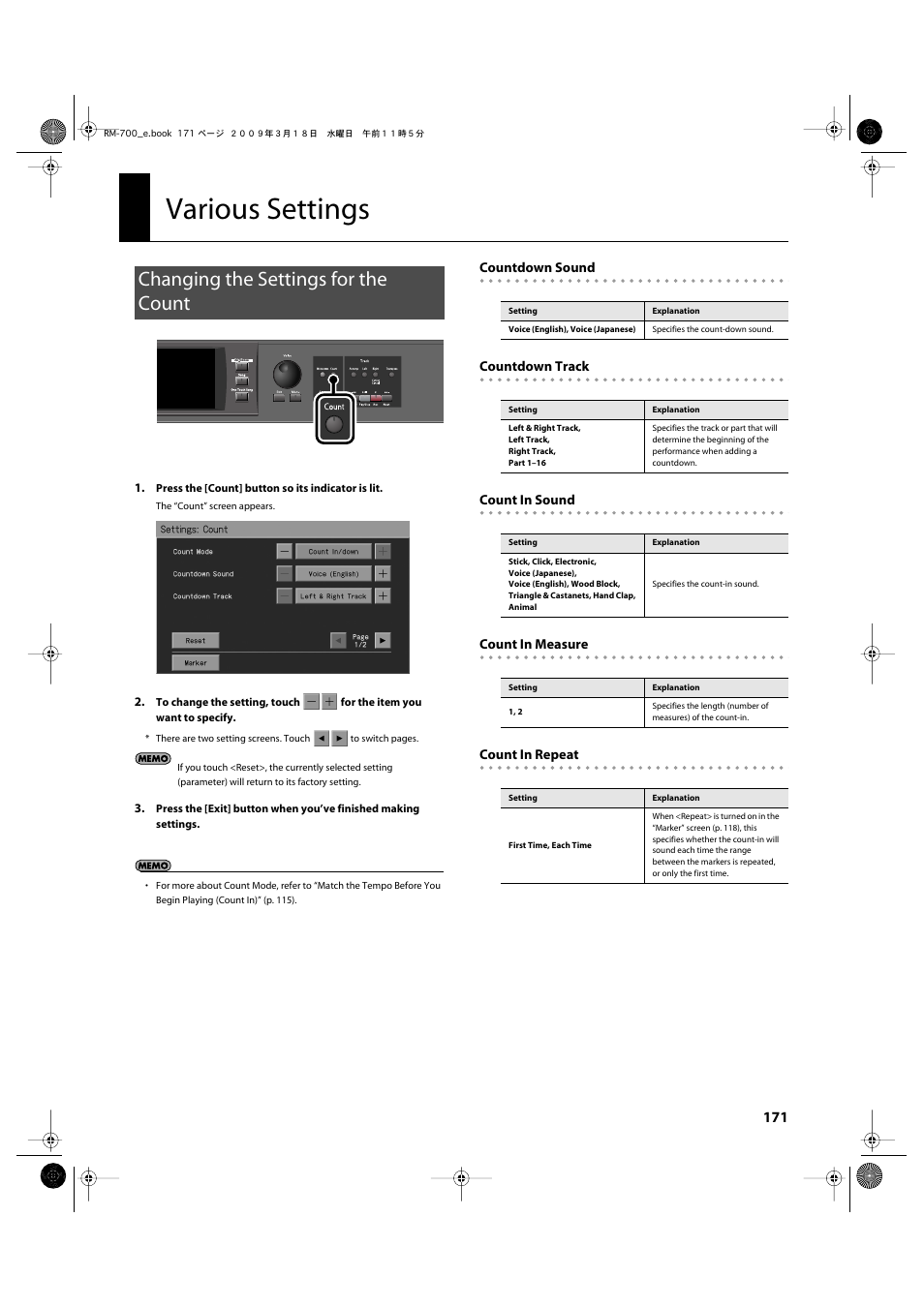 Various settings, Changing the settings for the count | Roland RM-700 User Manual | Page 170 / 238