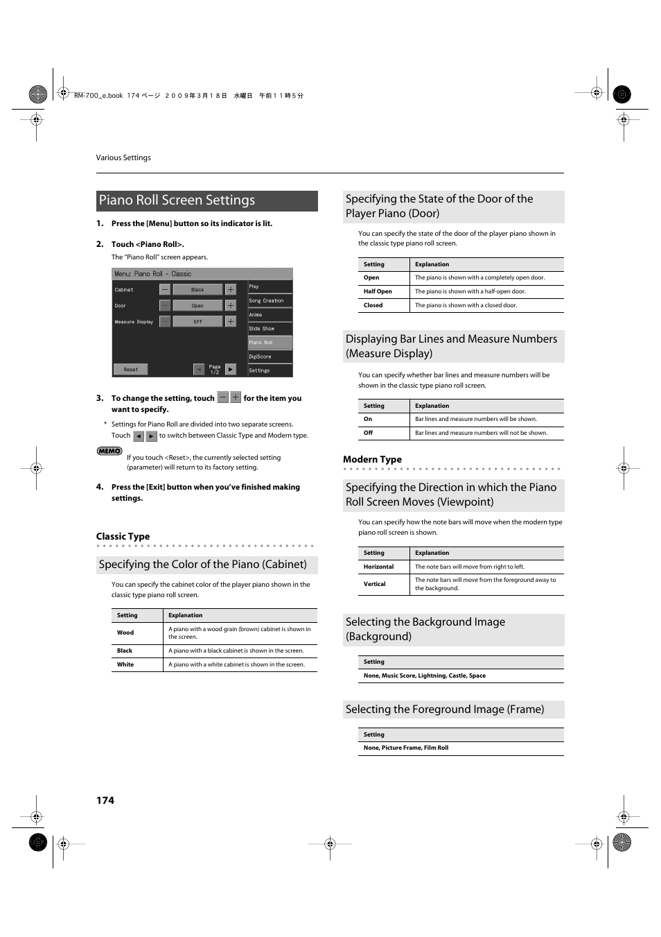 Piano roll screen settings, Specifying the color of the piano (cabinet), Selecting the background image (background) | Selecting the foreground image (frame) | Roland RM-700 User Manual | Page 173 / 238