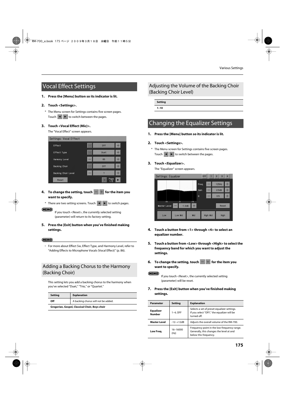 Vocal effect settings, Changing the equalizer settings, Backing choir)” (p. 175) | Roland RM-700 User Manual | Page 174 / 238