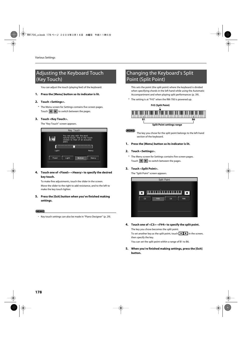 Adjusting the keyboard touch (key touch), Changing the keyboard’s split point (split point) | Roland RM-700 User Manual | Page 177 / 238