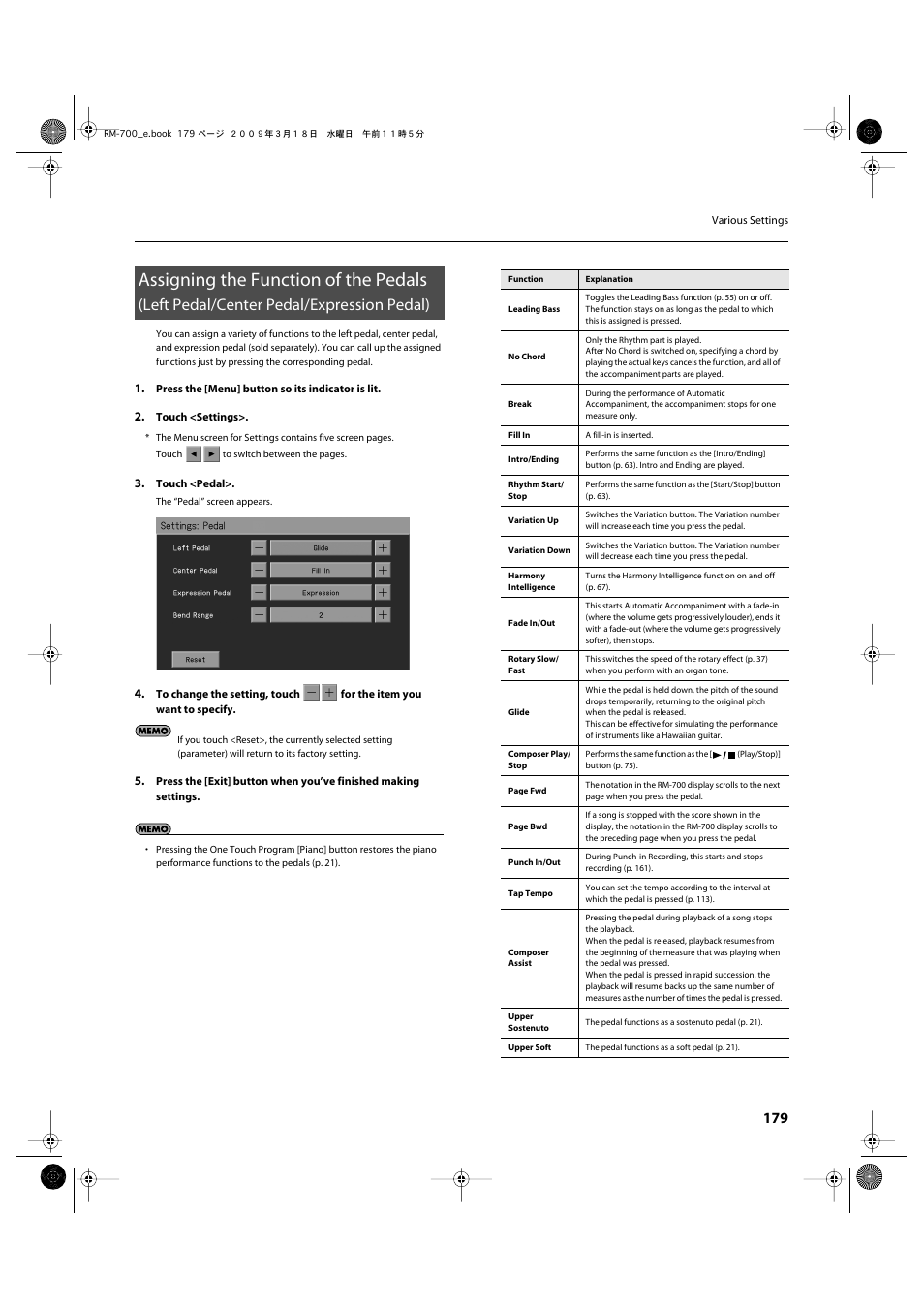 Expression pedal)” (p. 179), Center pedal/expression pedal)” (p. 179), Pedal/expression pedal)” (p. 179) | Pedal)” (p. 179), Assigning the function of the pedals, Left pedal/center pedal/expression pedal) | Roland RM-700 User Manual | Page 178 / 238