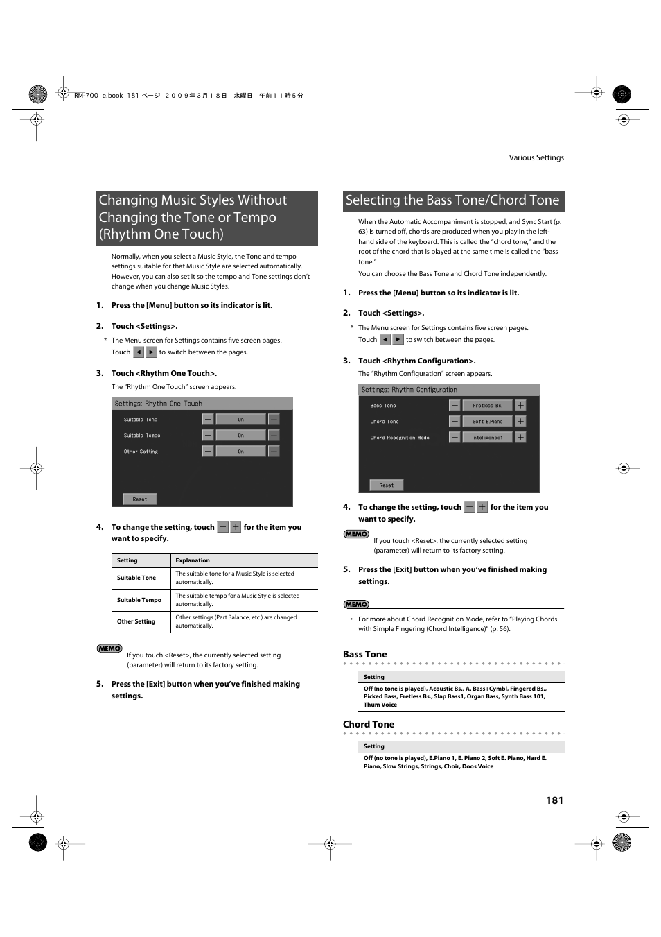 Selecting the bass tone/chord tone, One touch)” (p. 181) | Roland RM-700 User Manual | Page 180 / 238