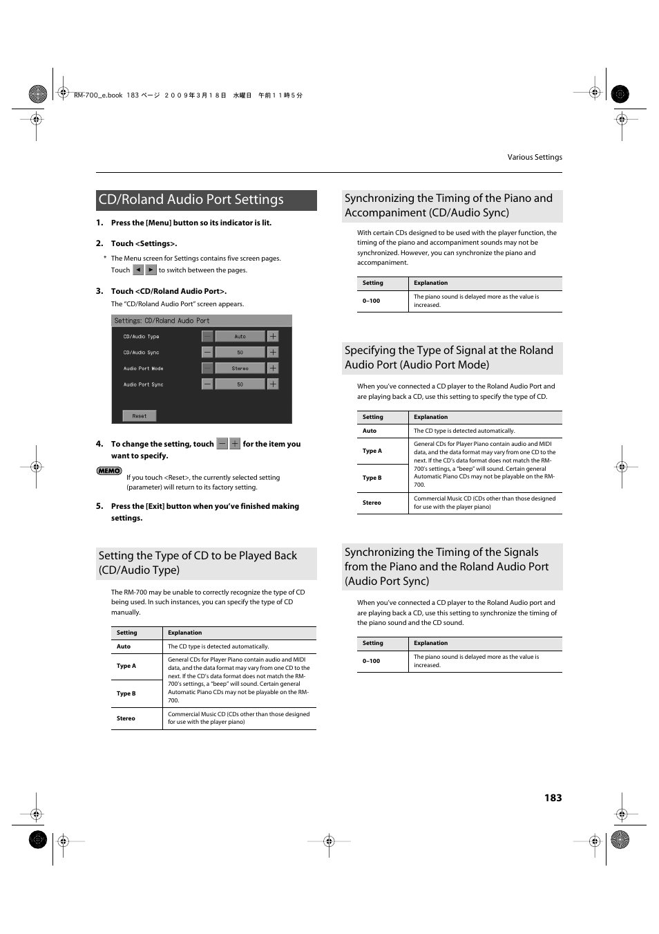 Cd/roland audio port settings | Roland RM-700 User Manual | Page 182 / 238