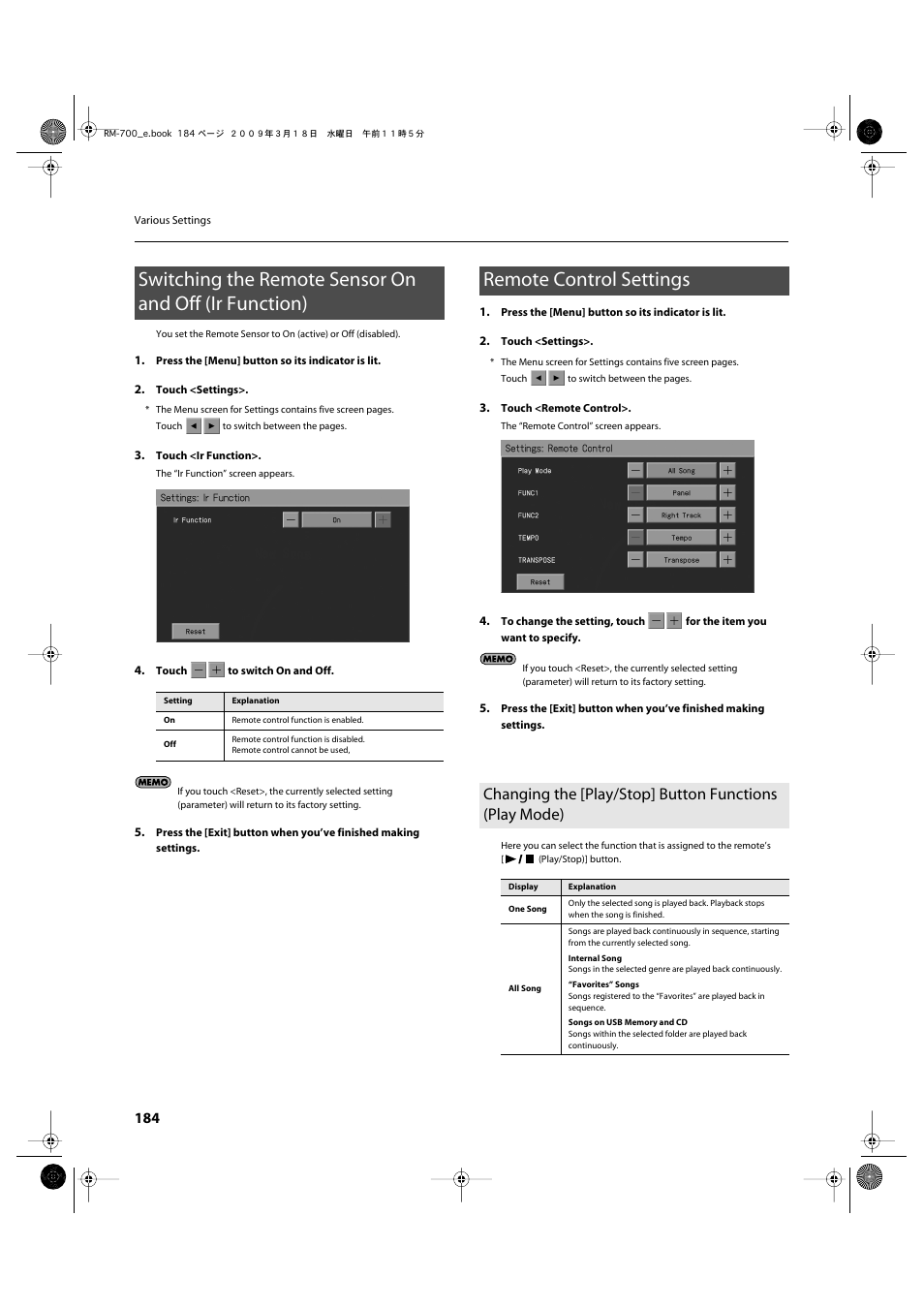 Remote control settings, You can also assign functions to the button p. 184 | Roland RM-700 User Manual | Page 183 / 238