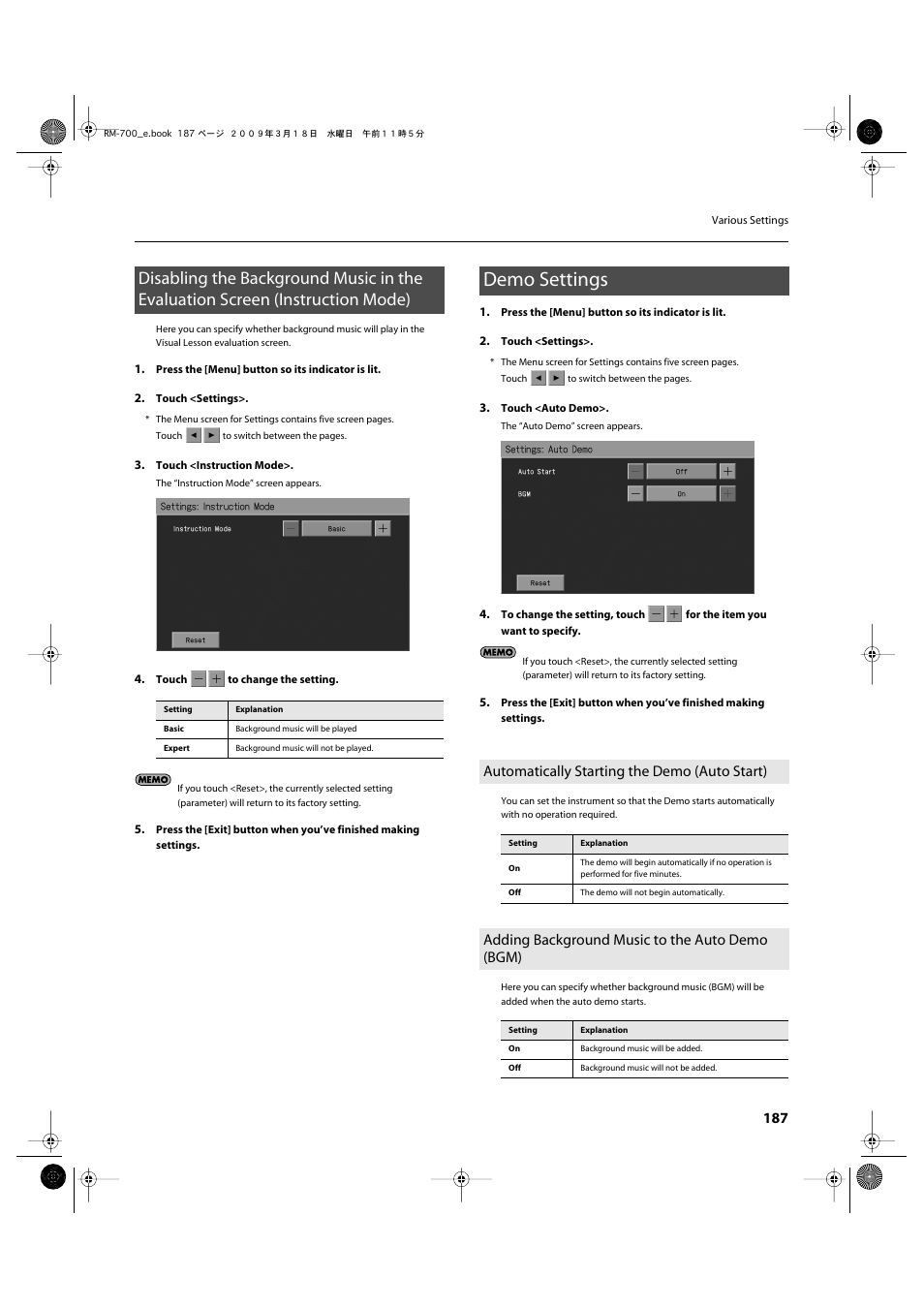 Demo settings, Automatically starting the demo (auto start), Adding background music to the auto demo (bgm) | Roland RM-700 User Manual | Page 186 / 238