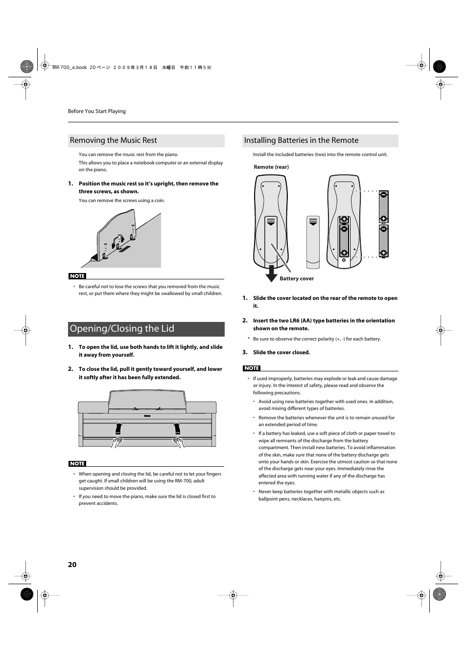 Removing the music rest, Opening/closing the lid, Installing batteries in the remote | Observe the following precautions (p. 20) | Roland RM-700 User Manual | Page 19 / 238