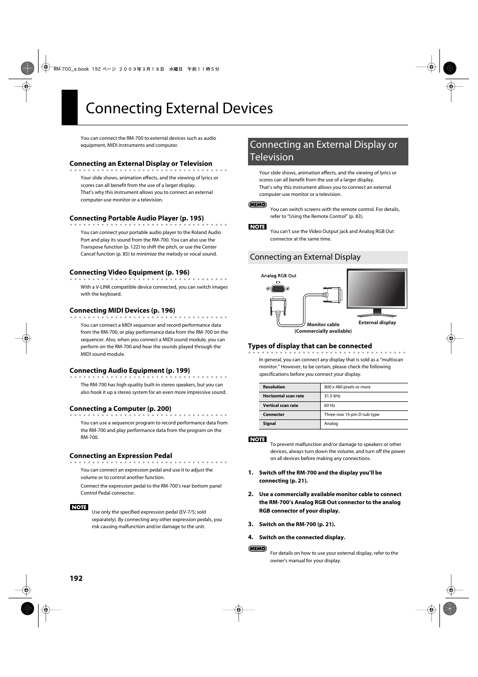 Connecting external devices, Connecting an external display or television, Connecting an external display | Connect an external display (p. 192), Control (p. 192) | Roland RM-700 User Manual | Page 191 / 238