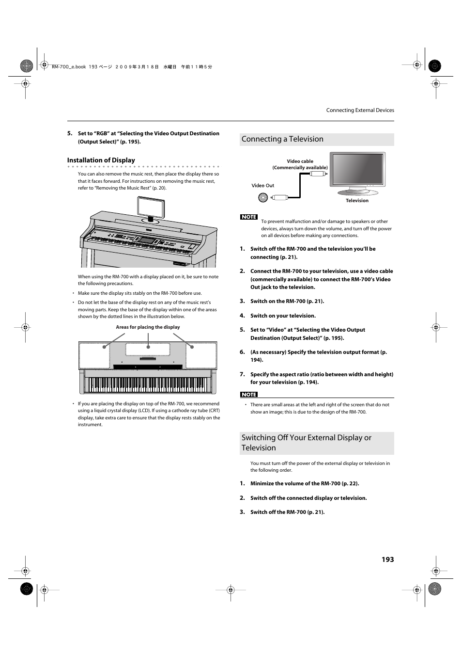Connecting a television, Switching off your external display or television, Connect a television here (p. 193) | Roland RM-700 User Manual | Page 192 / 238