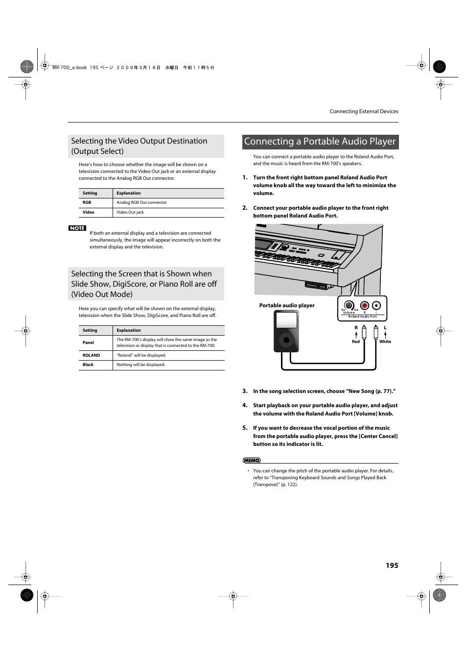 Connecting a portable audio player, Port (p. 195), You specified in video out mode (p. 195) | Connecting portable audio player (p. 195), Output select)” (p. 195), Set to “video” at “selecting the video output, Destination (output select)” (p. 195) | Roland RM-700 User Manual | Page 194 / 238