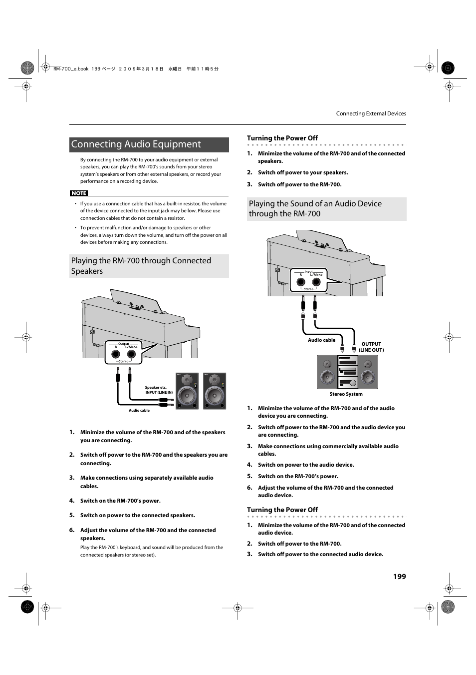 Connecting audio equipment, Playing the rm-700 through connected speakers, From the rm-700’s speakers (p. 199) | Record your performances (p. 199), Connecting audio equipment (p. 199) | Roland RM-700 User Manual | Page 198 / 238