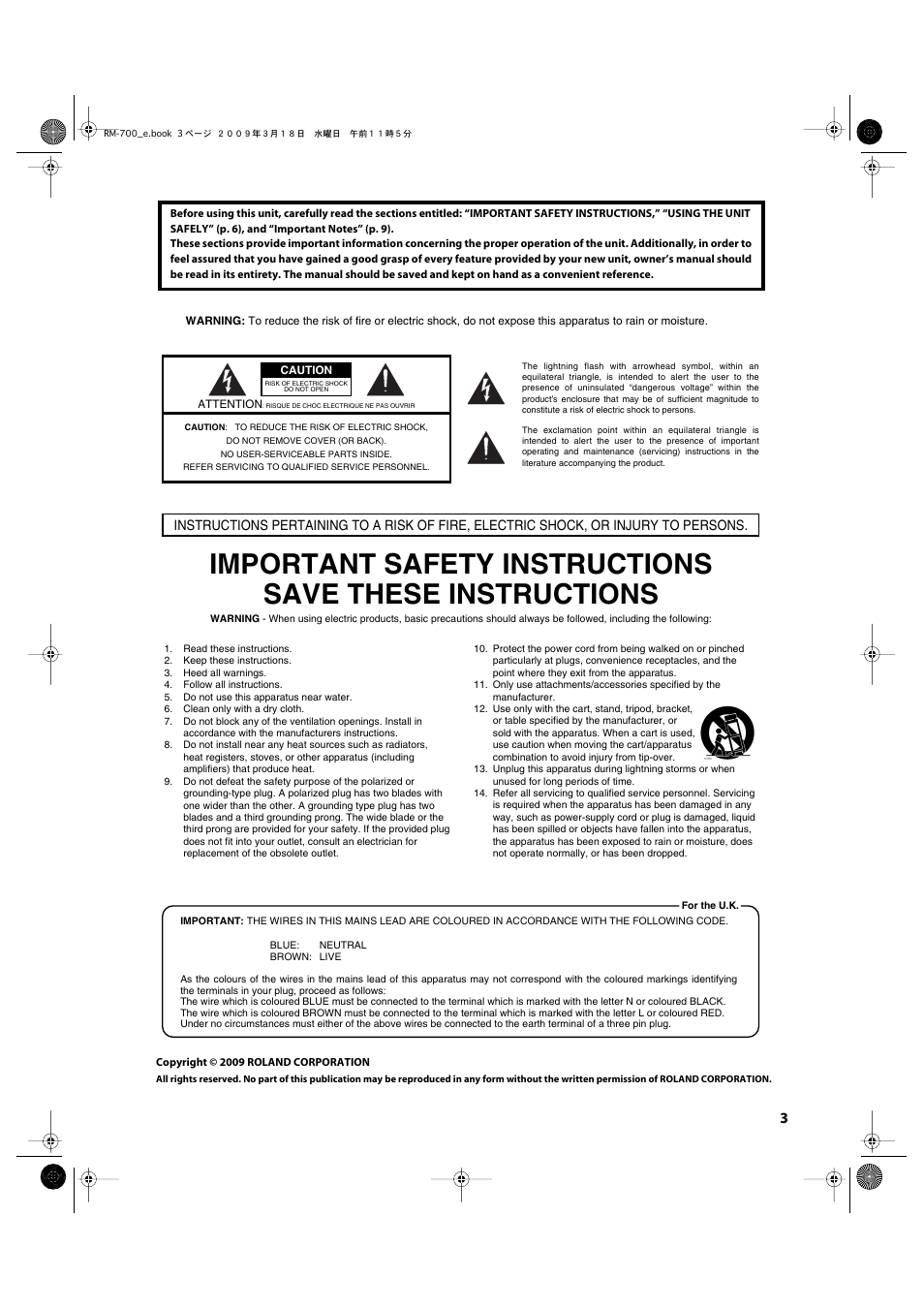 Important safety instructions | Roland RM-700 User Manual | Page 2 / 238