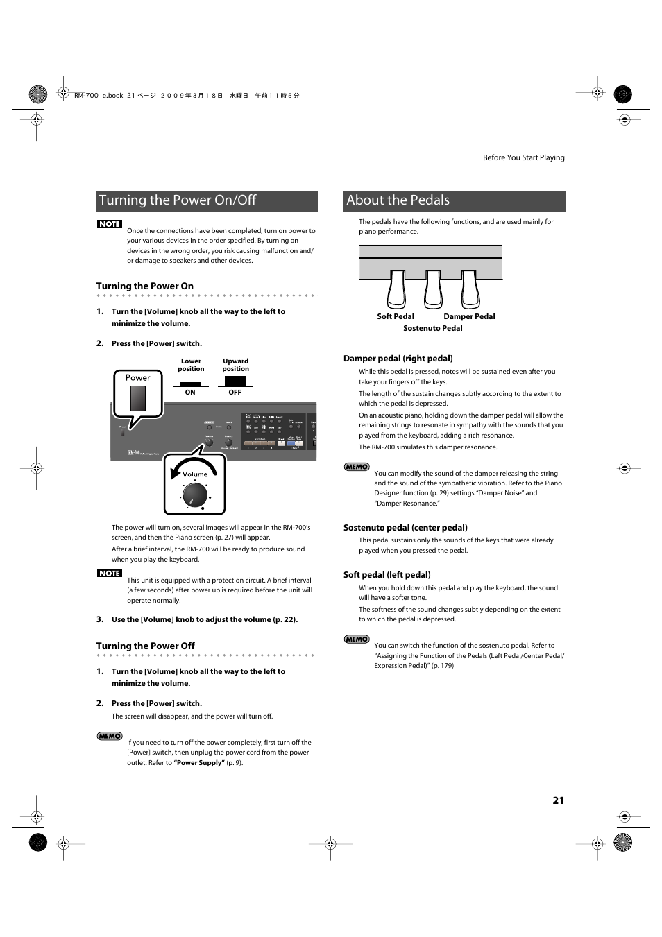 Turning the power on/off, About the pedals, Pressed to switch the power on and off (p. 21) | Roland RM-700 User Manual | Page 20 / 238