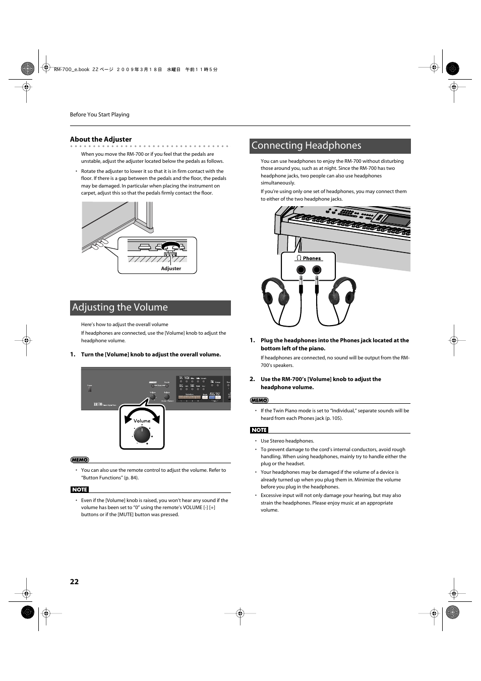 Adjusting the volume, Connecting headphones, Raise the adjusters on the stand (p. 22) | Adjusts the overall volume (p. 22), Two headphones simultaneously (p. 22), Use the [volume] knob to adjust the volume (p. 22) | Roland RM-700 User Manual | Page 21 / 238
