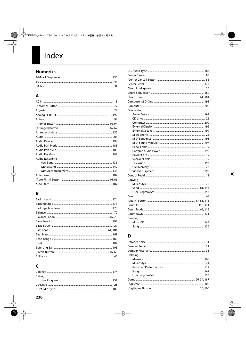 Index, Numerics | Roland RM-700 User Manual | Page 229 / 238