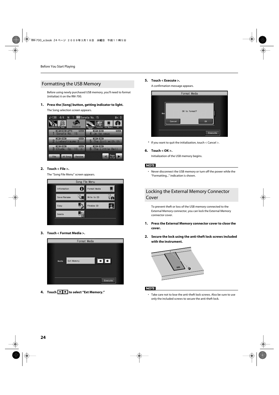 Formatting the usb memory, Locking the external memory connector cover | Roland RM-700 User Manual | Page 23 / 238