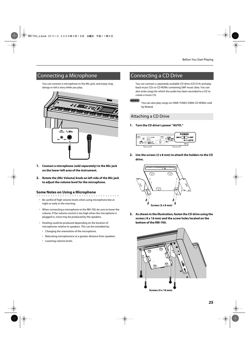 Connecting a microphone, Connecting a cd drive, Attaching a cd drive | Used for connecting microphones (p. 25), Connect a usb cd drive here (p. 25), Connecting a microphone connecting a cd drive | Roland RM-700 User Manual | Page 24 / 238