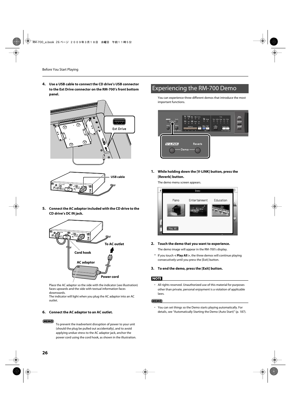 Experiencing the rm-700 demo, Button you can access the demo screen (p. 26) | Roland RM-700 User Manual | Page 25 / 238