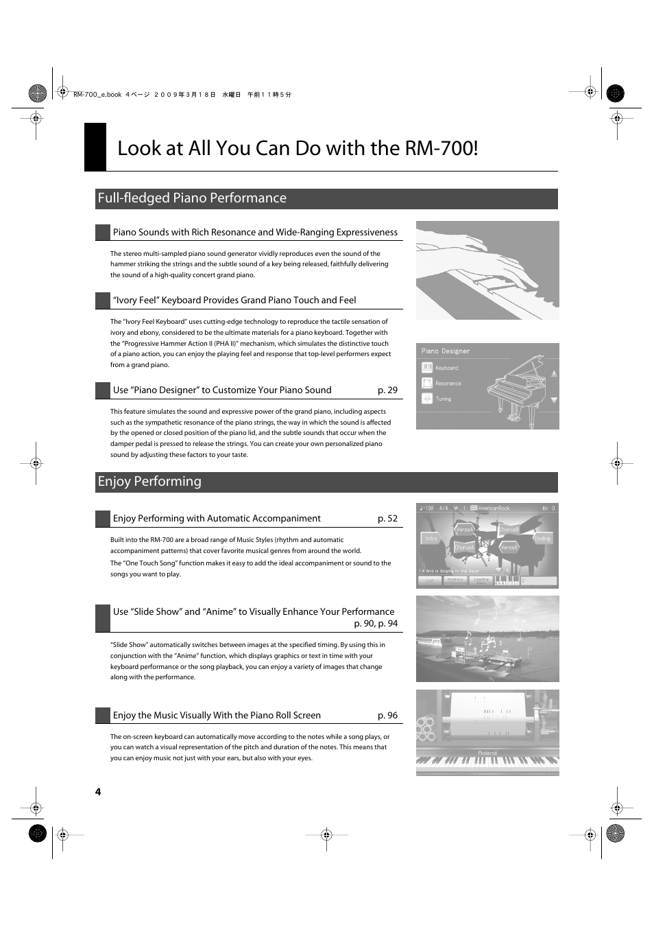 Look at all you can do with the rm-700, Full-fledged piano performance, Enjoy performing | Roland RM-700 User Manual | Page 3 / 238