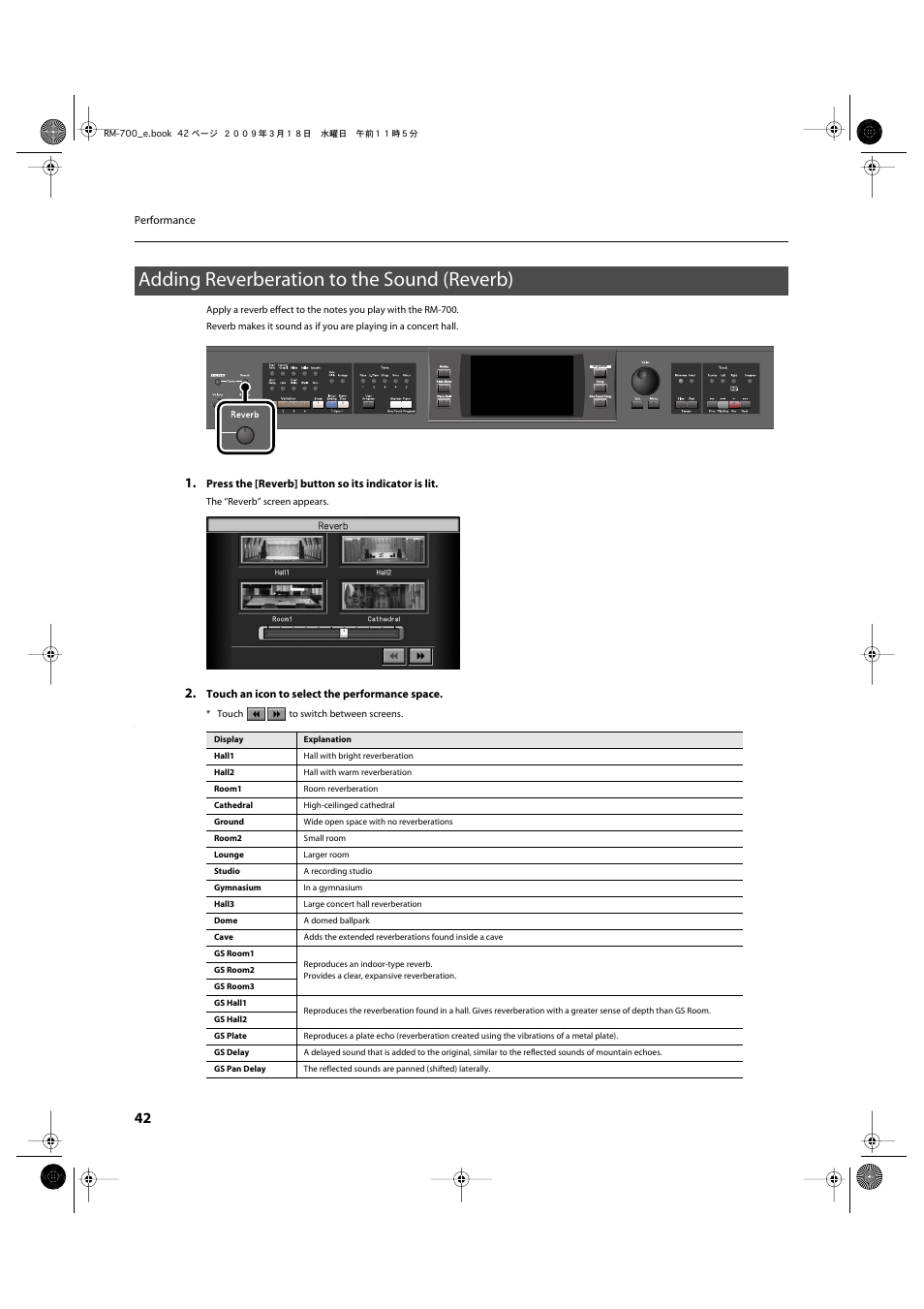 Adding reverberation to the sound (reverb), Adds reverberation to the sound (p. 42) | Roland RM-700 User Manual | Page 41 / 238