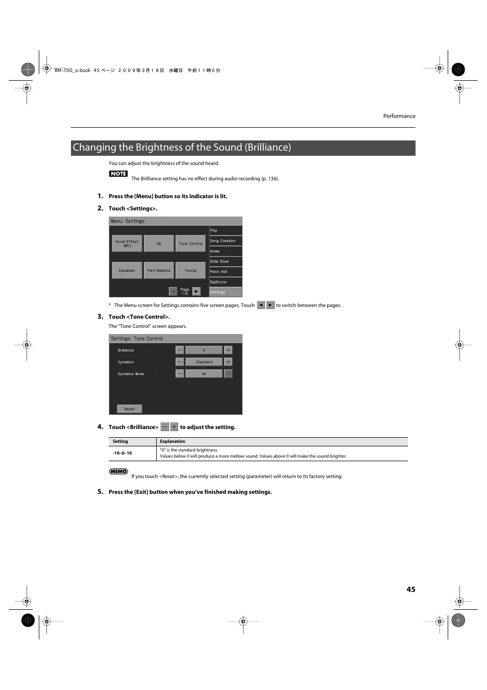 Changing the brightness of the sound (brilliance) | Roland RM-700 User Manual | Page 44 / 238