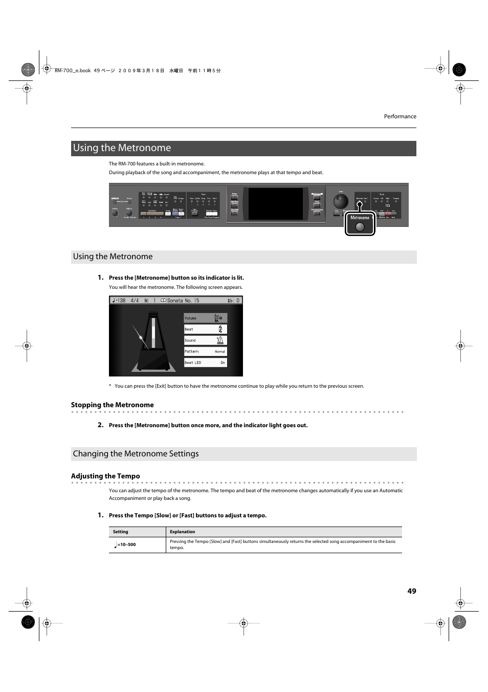 Using the metronome, Changing the metronome settings, Activates the built-in metronome (p. 49) | Roland RM-700 User Manual | Page 48 / 238