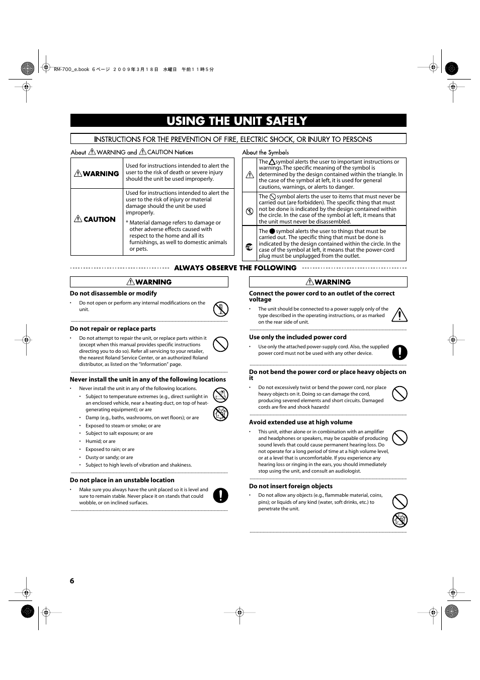 Using the unit safely | Roland RM-700 User Manual | Page 5 / 238