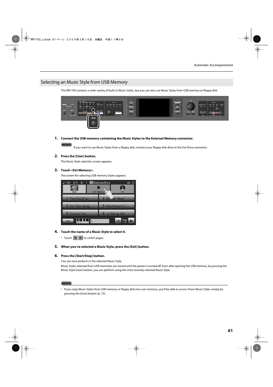 Selecting an music style from usb memory | Roland RM-700 User Manual | Page 60 / 238