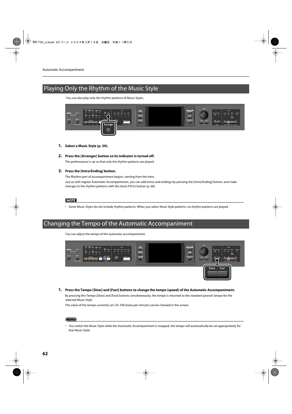 Playing only the rhythm of the music style, Changing the tempo of the automatic accompaniment | Roland RM-700 User Manual | Page 61 / 238
