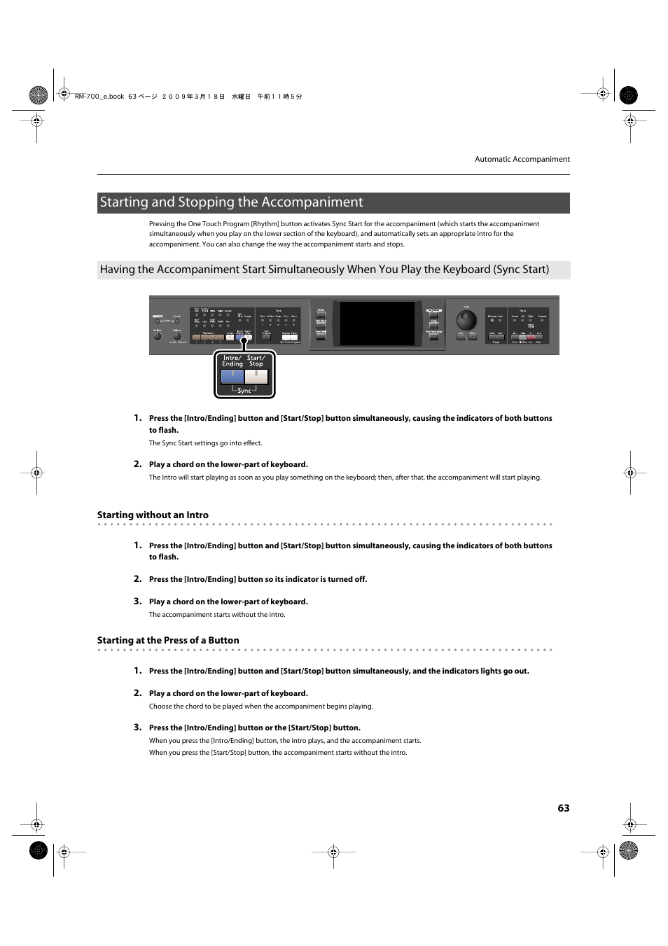 Starting and stopping the accompaniment, Starts and stops automatic accompaniment (p. 63) | Roland RM-700 User Manual | Page 62 / 238