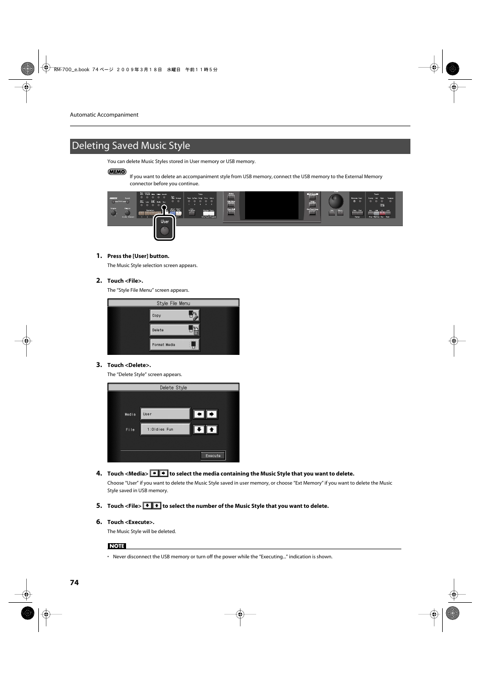 Deleting saved music style | Roland RM-700 User Manual | Page 73 / 238