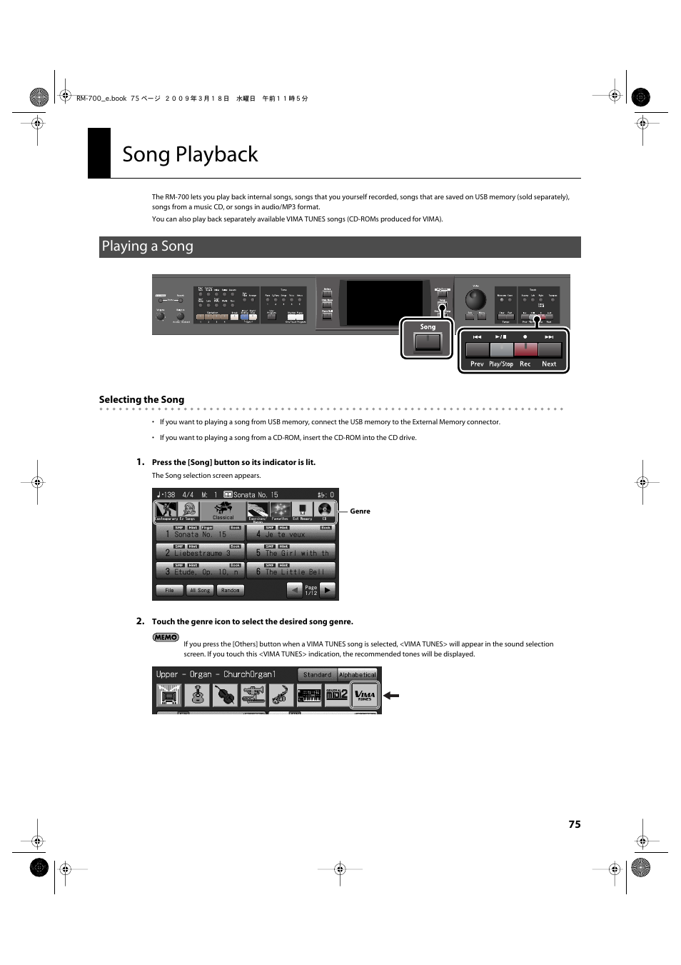 Song playback, Playing a song, P. 75 | Song by touching in the screen (p. 75) | Roland RM-700 User Manual | Page 74 / 238