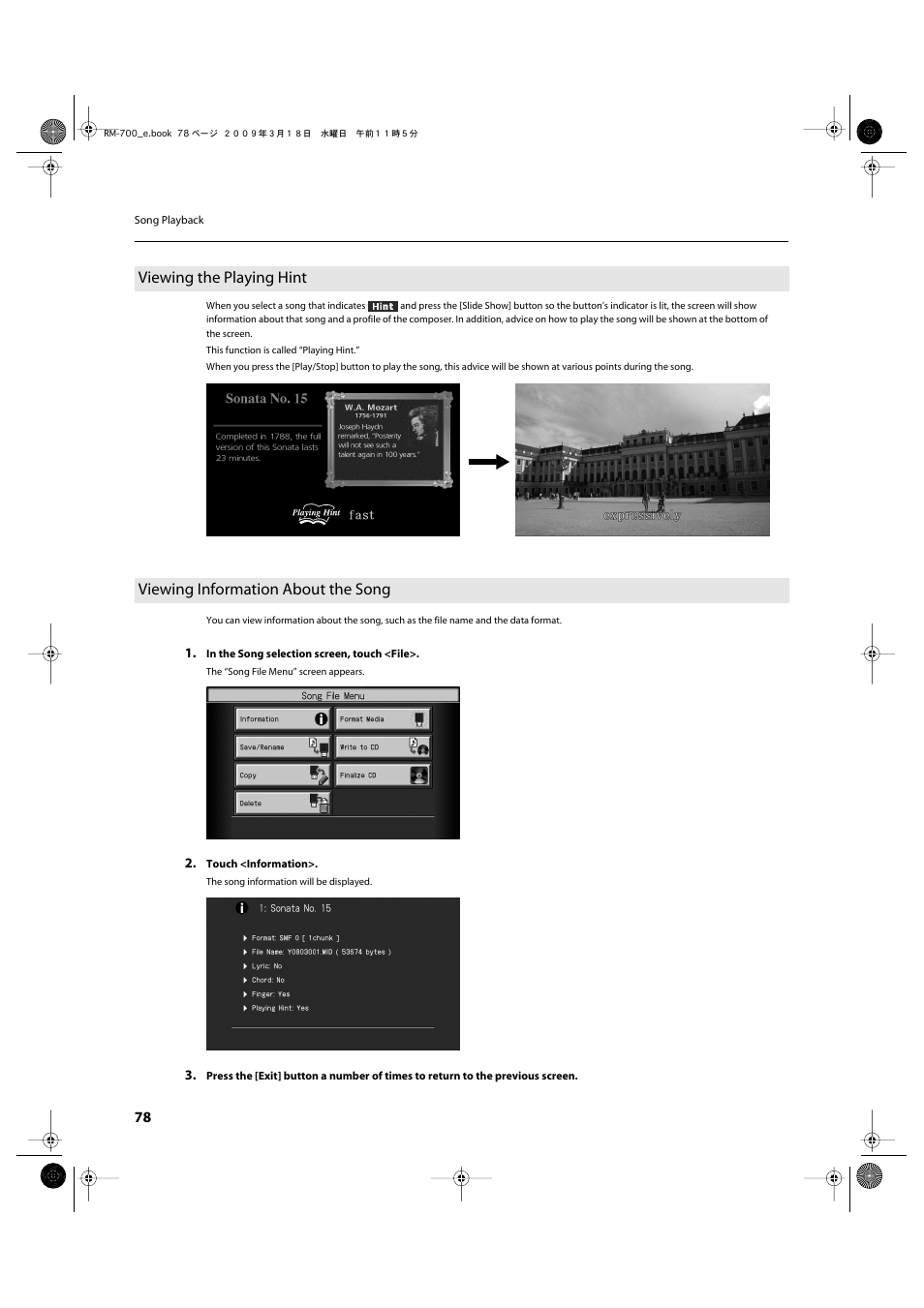 Viewing the playing hint, Viewing information about the song, P. 78 | Roland RM-700 User Manual | Page 77 / 238