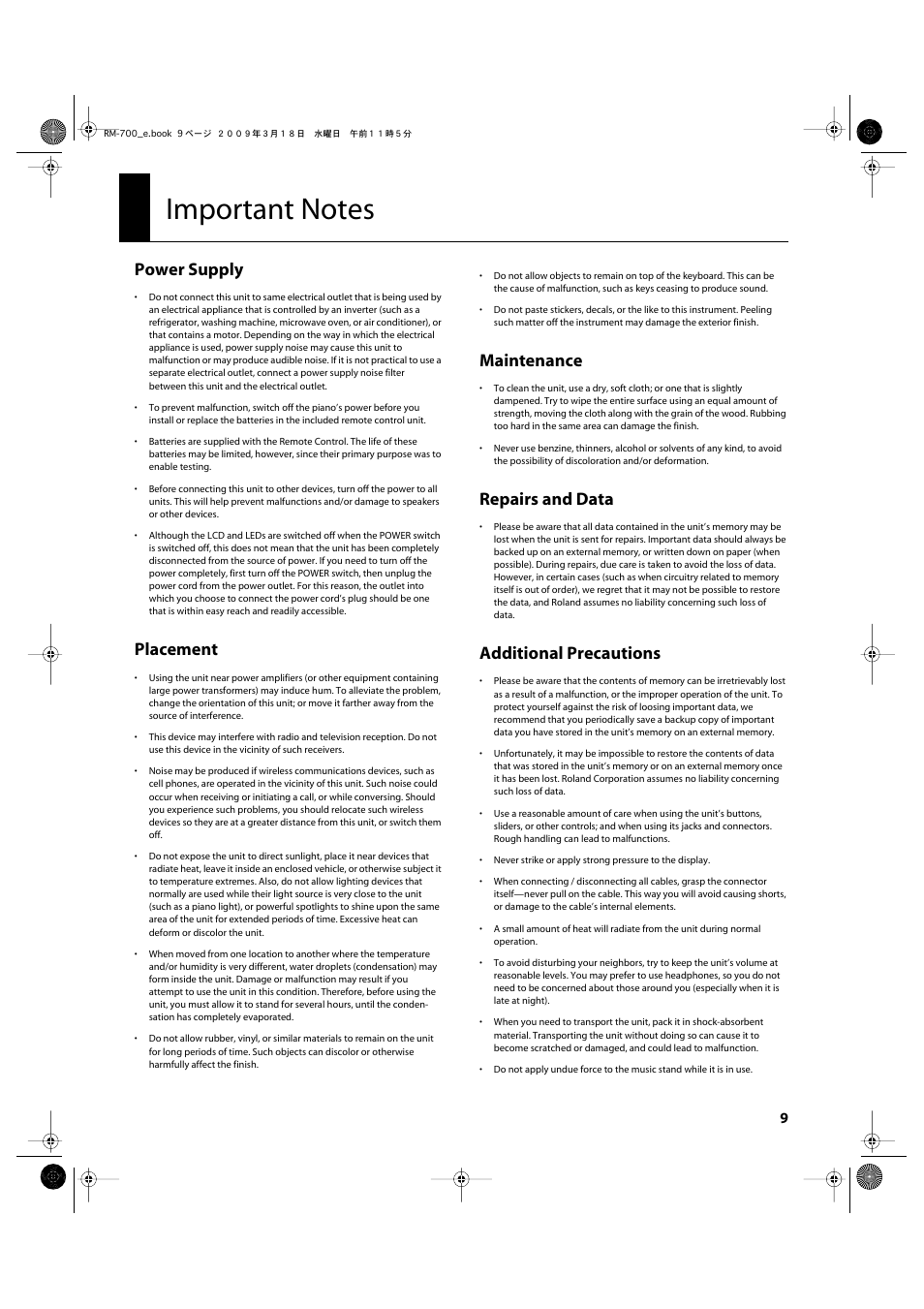 Important notes, Power supply, Placement | Maintenance, Repairs and data, Additional precautions | Roland RM-700 User Manual | Page 8 / 238