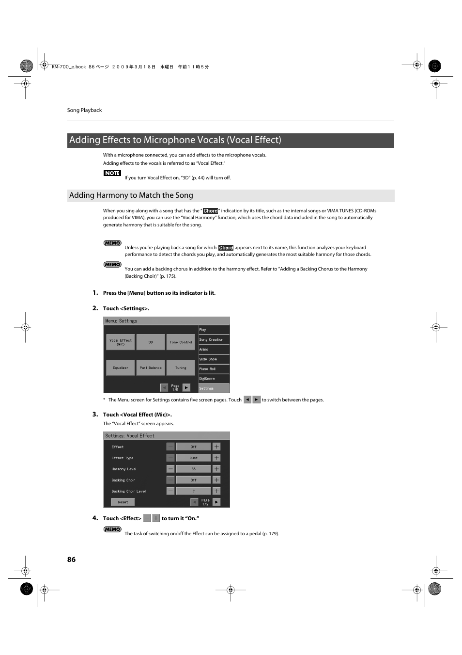 Adding effects to microphone vocals (vocal effect), Adding harmony to match the song | Roland RM-700 User Manual | Page 85 / 238